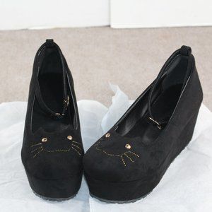 New Suede Cat Wedges Black Women's Size 4